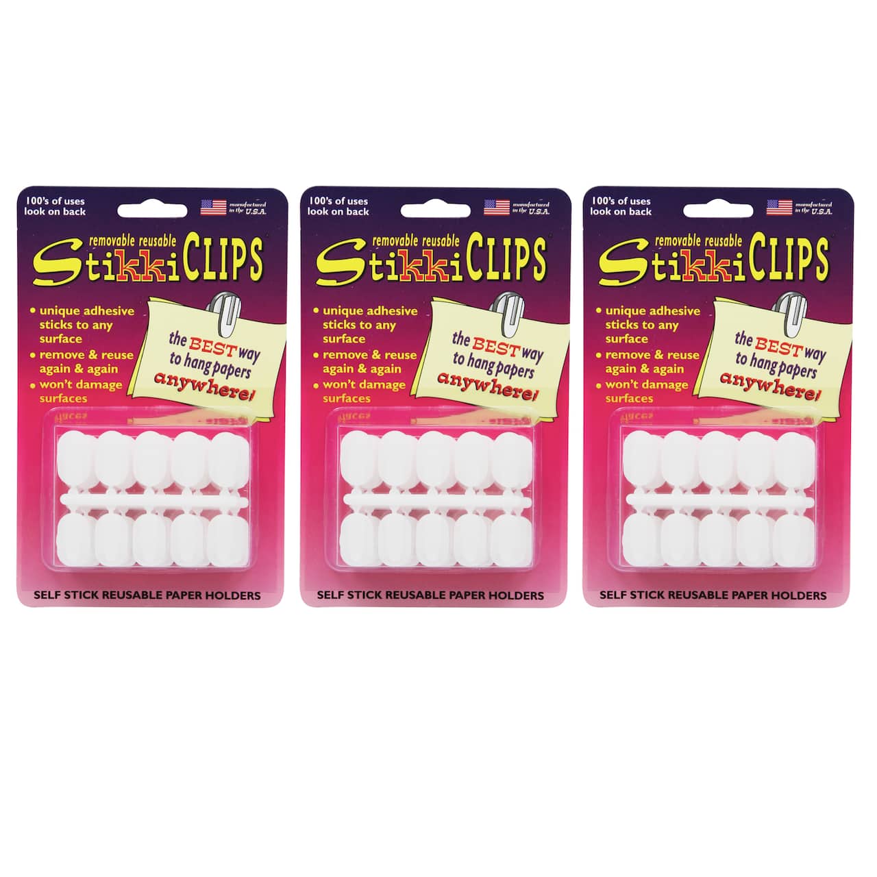 8 Pack: StikkiCLIPS™ White Adhesive Clips, 3 Packs of 30